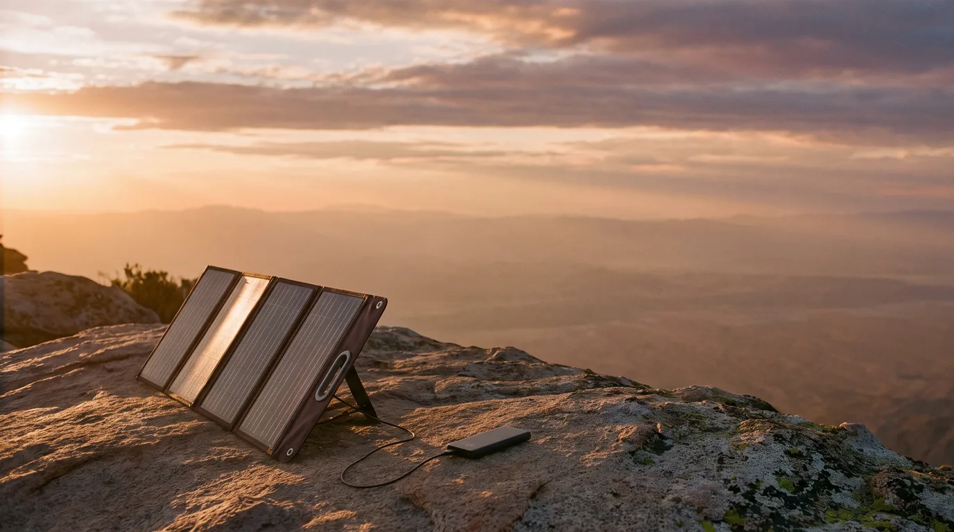 Folding solar panel on a mountain ridge charging a power bank