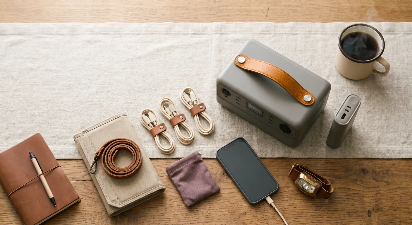 Power station, power bank and charging cables laid out on a wooden table