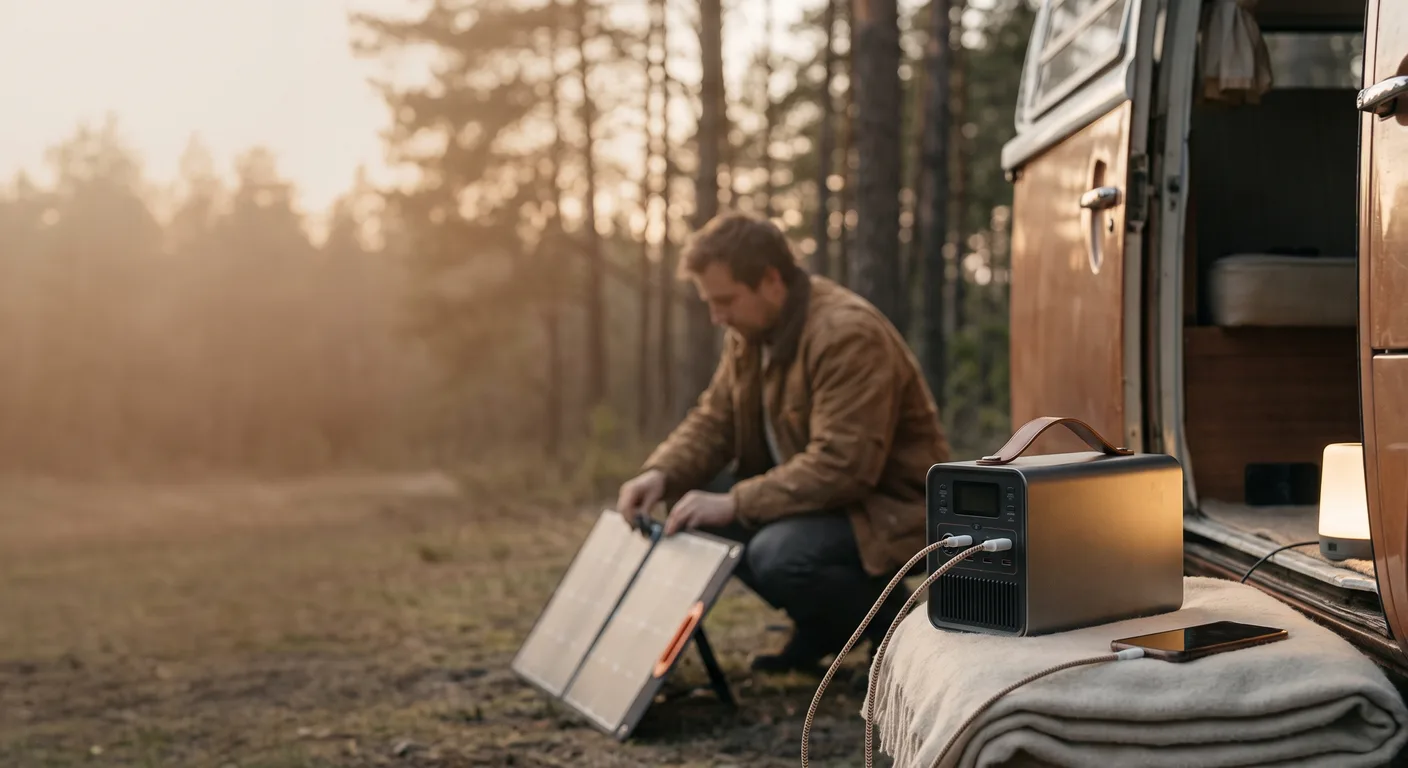 Power station and solar panel charging beside an open camper at sunset