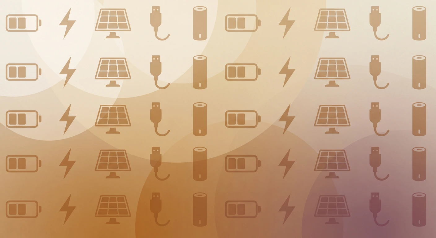 Icon pattern of batteries, lightning bolts, solar panels and USB-C plugs