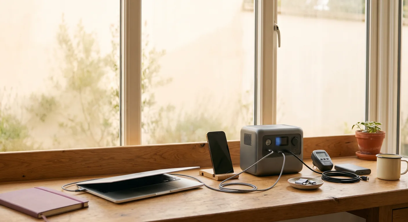 Workbench with a power station, power bank and energy meter by a window