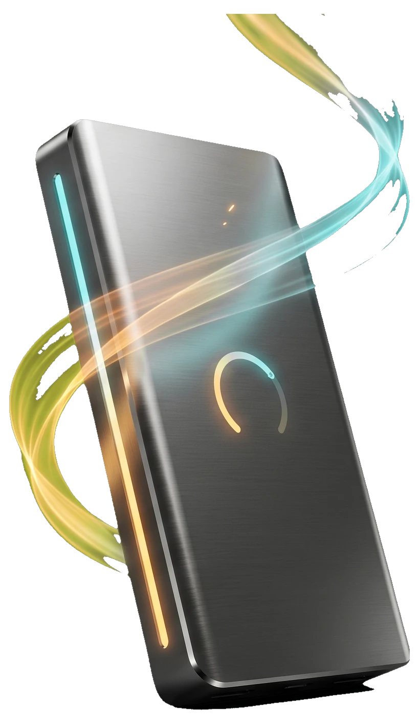 A power bank wrapped in a glowing energy ribbon